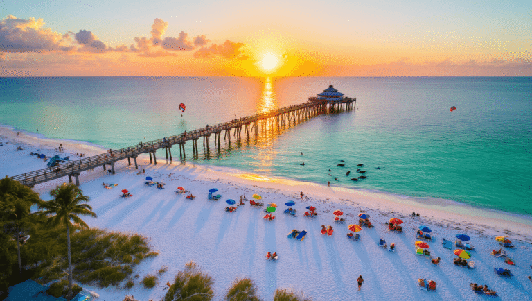 Scorching Secrets: Why Clearwater Beach in July Will Blow Your Mind (And Cool You Down) "Aerial view of Clearwater Beach at sunset with Pier 60, beachgoers, palm trees, distant boats, dolphins, and parasailers on Florida's Gulf Coast"