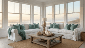 Coastal Fall Decor: Crafting a Serene Autumn Sanctuary Photorealistic coastal living room at golden hour, featuring a white linen sofa, textured throws, weathered oak coffee table with decorative ceramics, and a misty beach view through large windows, all bathed in warm light.