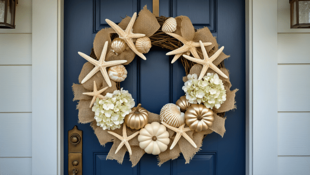 A photorealistic coastal fall wreath with bleached starfish, mini pumpkins, and hydrangeas hangs on a weathered navy blue door, illuminated by soft golden hour light, with dew drops creating sparkle effects amidst a blurred coastal porch background.