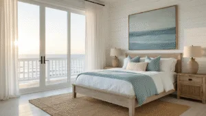 Creating Your Dream Coastal Bedroom Retreat: A Step-by-Step Design Guide A luxurious coastal bedroom bathed in golden hour light, featuring a king-sized bed with white oak frame, crisp linen bedding, and a shiplap accent wall, accented by minimalist coastal decor and soft shadows.