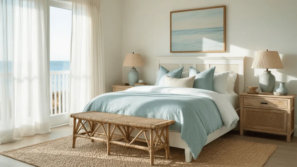 A serene coastal bedroom bathed in golden morning light, featuring a whitewashed oak platform bed with seafoam blue bedding, a vintage rattan bench, and a weathered cane nightstand with a ceramic lamp, all set on a natural jute rug against soft white walls with a blue undertone.