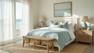 Coastal Granddaughter Bedroom: Your Ultimate Styling Guide A serene coastal bedroom bathed in golden morning light, featuring a whitewashed oak platform bed with seafoam blue bedding, a vintage rattan bench, and a weathered cane nightstand with a ceramic lamp, all set on a natural jute rug against soft white walls with a blue undertone.