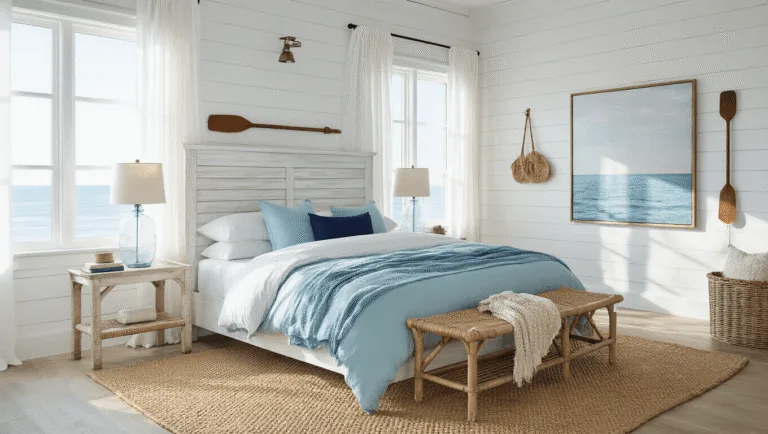 Coastal Blue Bedroom: Your Ultimate Guide to Creating a Serene Seaside Retreat Serene coastal bedroom features golden morning light, sheer white curtains, king-size bed with aqua bedding, whitewashed wooden headboard, and textured decor, enhanced by wide-angle photography.