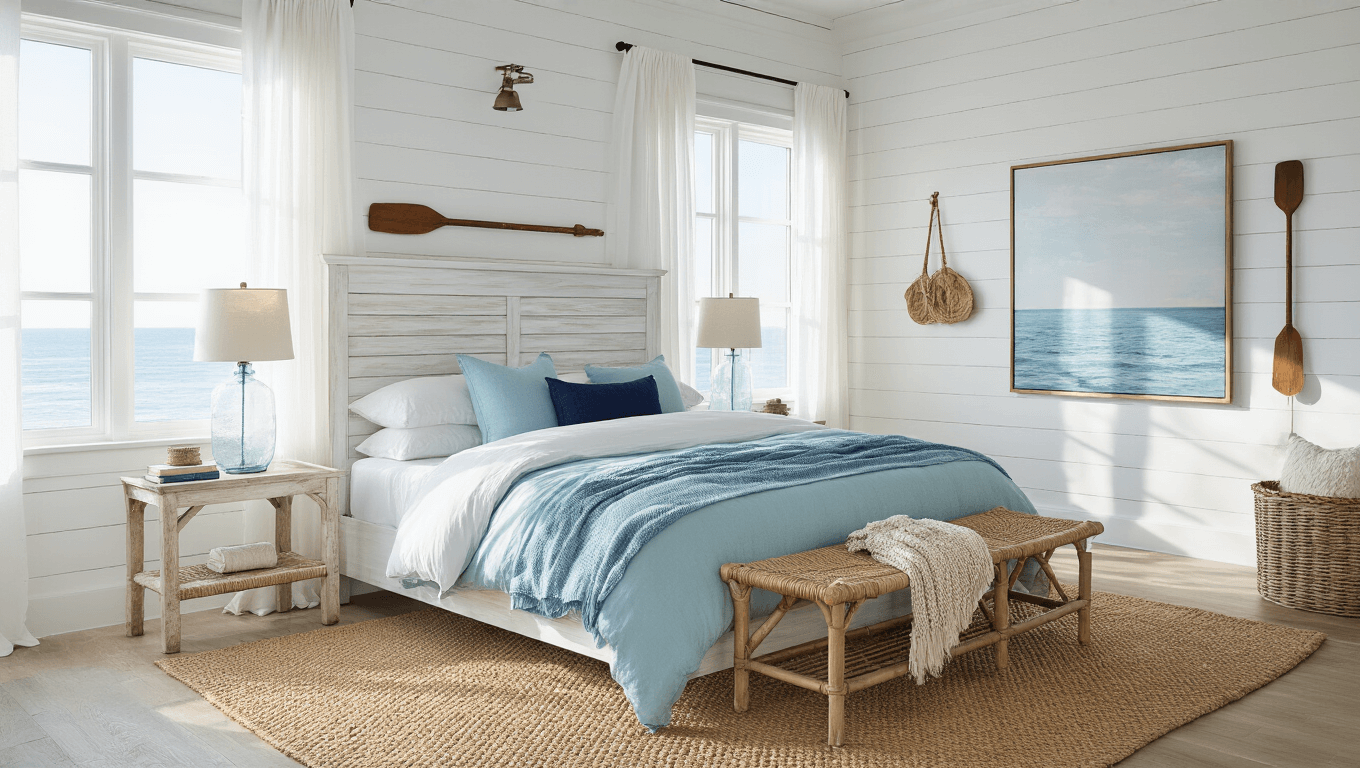 Serene coastal bedroom features golden morning light, sheer white curtains, king-size bed with aqua bedding, whitewashed wooden headboard, and textured decor, enhanced by wide-angle photography.