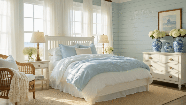 Coastal Granddaughter Bedroom: The Ultimate Styling Guide to Create Your Dream Retreat A serene coastal bedroom bathed in golden morning light, featuring a whitewashed queen bed with rumpled ivory and powder blue linens, vintage brass lamps, a rattan accent chair with a chunky knit throw, and pale blue-gray shiplap walls adorned with chinoiserie vases filled with white hydrangeas, all on a sisal rug over hardwood floors.