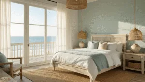 Coastal Bedroom Retreat: Your Ultimate Guide to Serene, Beach-Inspired Styling Photorealistic coastal bedroom retreat with golden hour sunlight streaming through sheer curtains, featuring a king-size bed, bleached oak furniture, and organic decorative elements, captured in soft natural lighting with shallow depth of field.