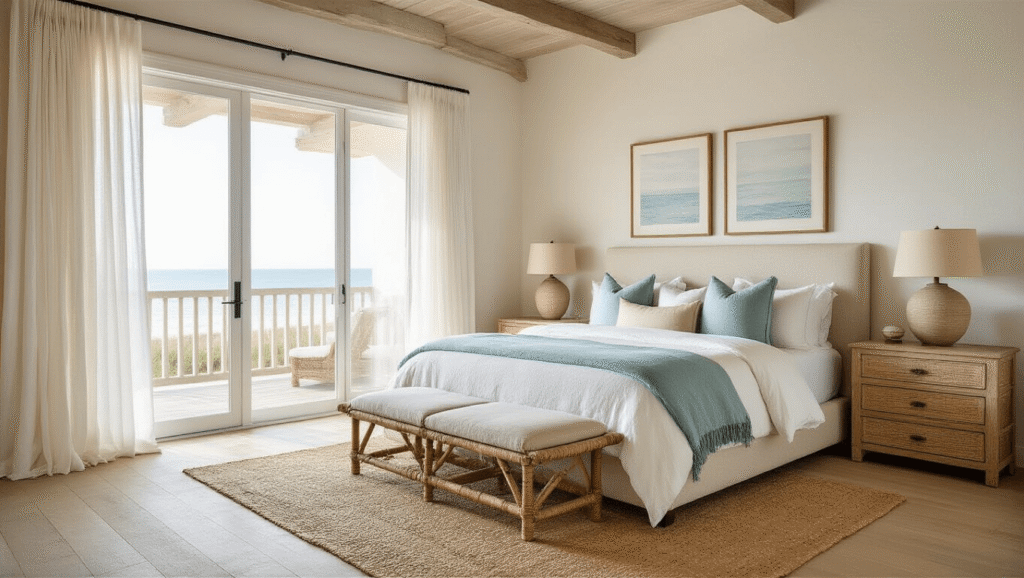 Crafting Your Dream Coastal Master Bedroom: A Serene Seaside Sanctuary A luxurious coastal master bedroom featuring a low-profile upholstered bed with soft bedding, sheer linen curtains, weathered oak flooring, whitewashed beam ceiling, and rattan nightstands, illuminated by natural morning light and accented with minimalist coastal artwork and a cozy reading nook.