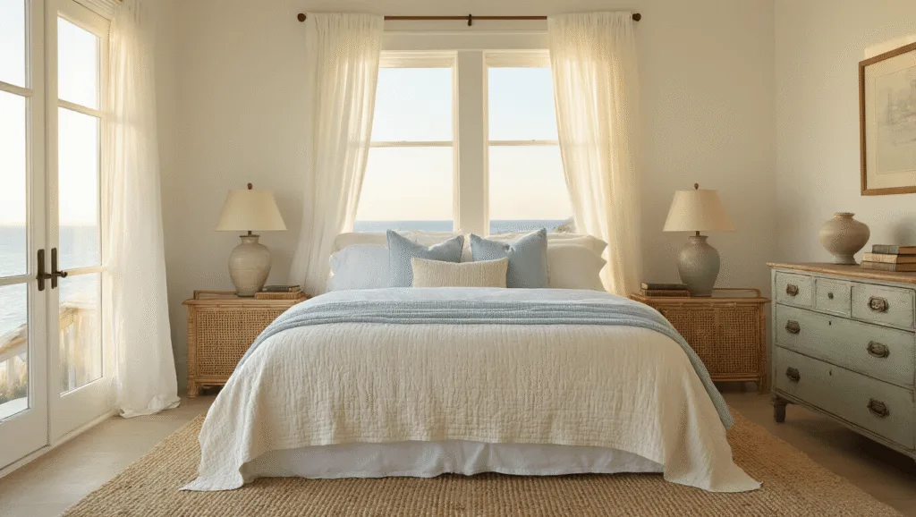 A sun-drenched coastal bedroom featuring a king-sized bed with white linens and layered pillows, weathered rattan nightstands with lamps, sheer curtains, a vintage dresser, and organic decor elements, all bathed in warm golden hour light.