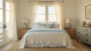 Coastal Grandma Bedroom: Your Ultimate Sanctuary of Comfort and Style A sun-drenched coastal bedroom featuring a king-sized bed with white linens and layered pillows, weathered rattan nightstands with lamps, sheer curtains, a vintage dresser, and organic decor elements, all bathed in warm golden hour light.