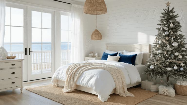 Coastal Christmas Bedroom: Create a Serene Holiday Retreat Photorealistic master bedroom retreat decorated for Christmas, featuring a king-sized bed with white linens, coastal blue pillows, and a chunky throw, along with a slim Christmas tree adorned with ornaments, white shiplap walls, and warm lighting.