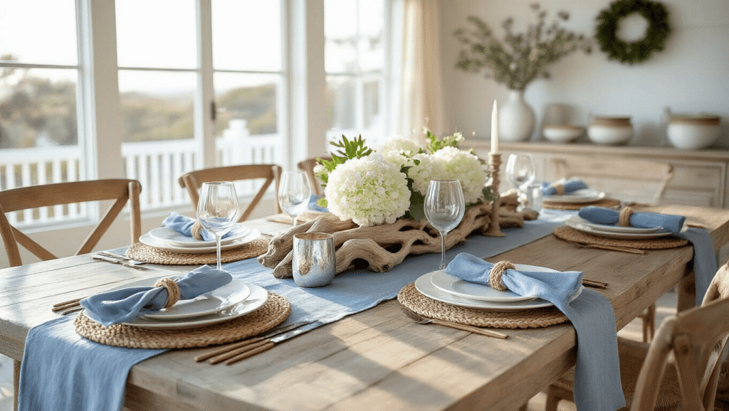 A beautifully set coastal dining table with natural elements, featuring a weathered oak table, white linen tablecloth, chambray blue runner, seagrass placemats, and a striking centerpiece of driftwood and hydrangeas, all illuminated by morning golden hour light.