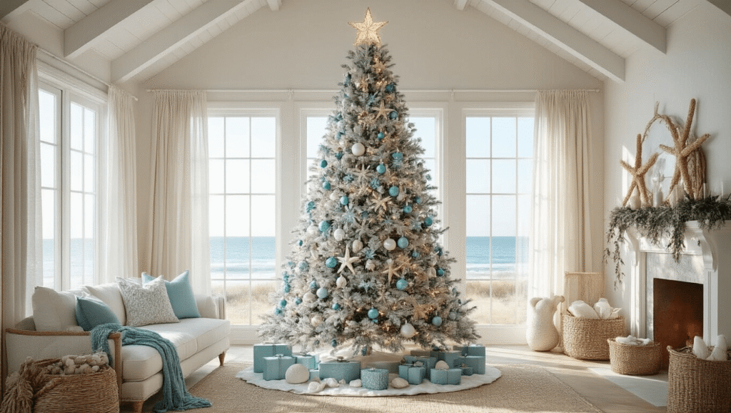 My Coastal Christmas Tree Journey: From Bland to Grand A sun-drenched coastal living room featuring a 7-foot white-flocked Christmas tree adorned with seafoam blue and silver ornaments, oversized starfish, and glass baubles. Natural light filters through sheer curtains, highlighting the white-beam ceilings, weathered oak flooring, and ocean views in the background. Warm LED lights create a gentle glow, and driftwood accents enhance the seaside elegance.