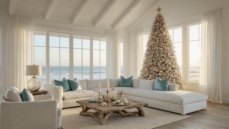 Coastal Christmas Decor: Transform Your Home into a Serene Holiday Seaside Retreat A serene coastal living room decorated for Christmas at golden hour, featuring a 9ft flocked tree in a bay window, an ivory L-shaped sectional with blue and silver pillows, a driftwood coffee table with coastal decor, and warm sunlight casting soft shadows through sheer curtains.