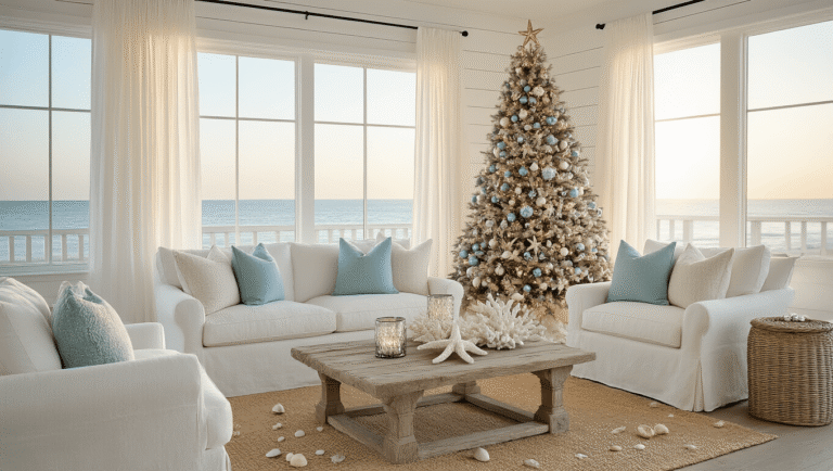 Seas & Greetings: Crafting the Perfect Coastal Christmas Wonderland A serene coastal living room featuring a flocked Christmas tree with seafoam blue and silver ornaments, ivory linen sofas, driftwood coffee table, and a natural seagrass rug, illuminated by golden hour light.