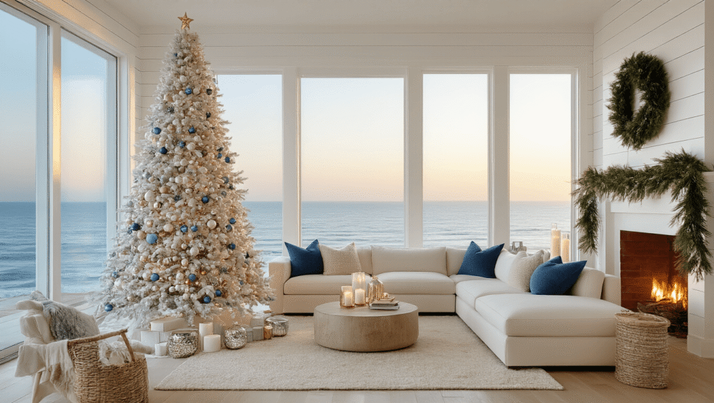A luxurious coastal living room decorated for Christmas, featuring a flocked white tree with glass ornaments, floor-to-ceiling ocean views, and warm lighting from candles and string lights, all set in a serene golden hour ambiance.