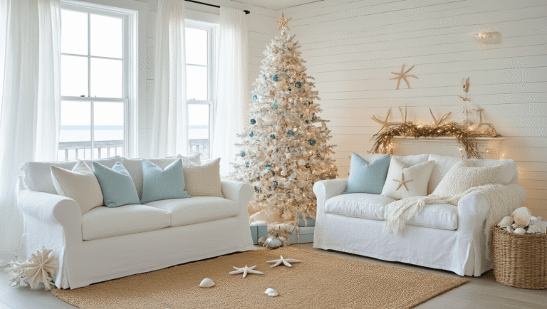 A Coastal Cottage Christmas: Bringing Seaside Serenity to Your Holiday Decor Photorealistic coastal living room during golden hour, featuring a slim white Christmas tree with sea glass ornaments, weathered shiplap walls, a white slipcovered sofa, and decorative accents of driftwood garland and seashells, all bathed in warm natural light.