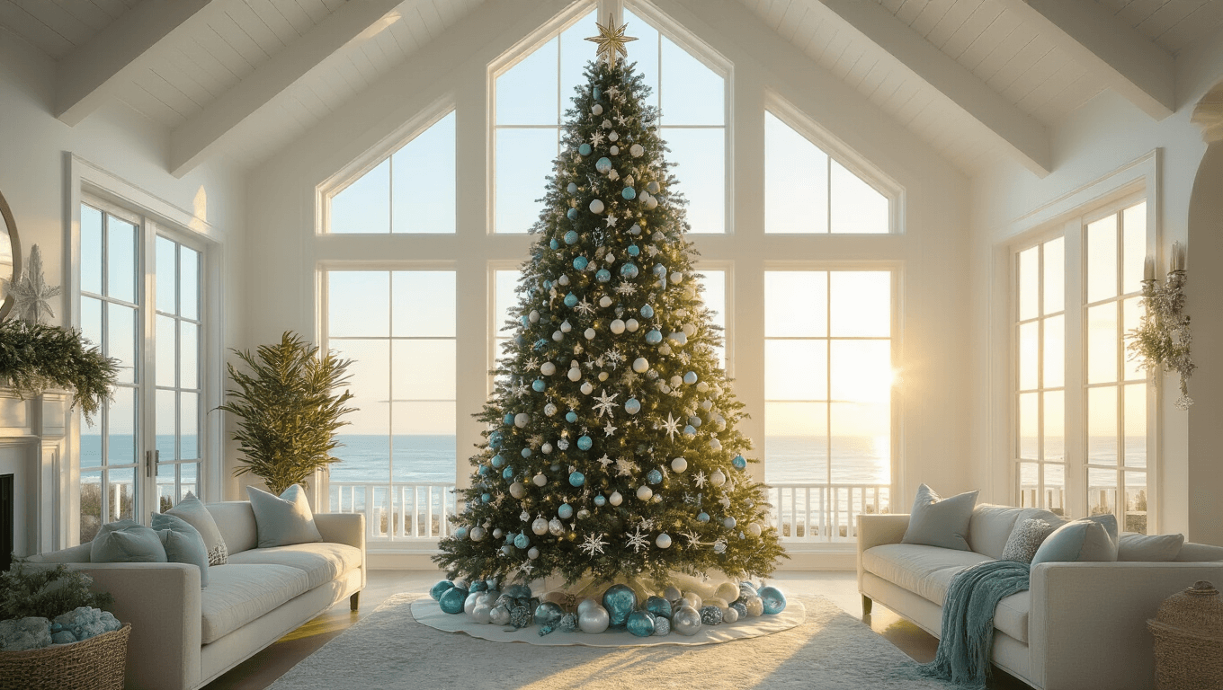 A photorealistic luxury coastal living room featuring a 9-foot Christmas tree adorned with sea glass baubles, shells, and starfish, with sunlight streaming through floor-to-ceiling windows, highlighting a serene coastal color palette of seafoam green, pearl white, and ocean blue.