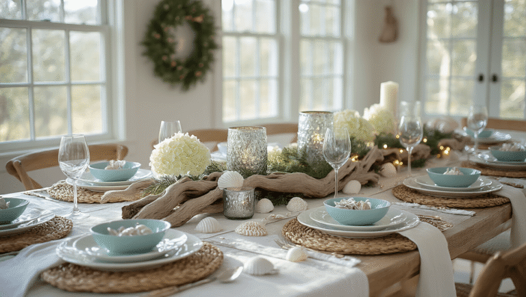 Coastal Christmas Tablescape: Create a Breezy, Festive Holiday Dining Experience A sunlit coastal Christmas dining table dressed in white linen, featuring a centerpiece of driftwood, mercury glass votives, and capiz shell ornaments, with rattan placemats, porcelain plates, and azure napkins secured by starfish rings, enhanced by metallic seashells and fairy lights, captured in warm golden hour light.