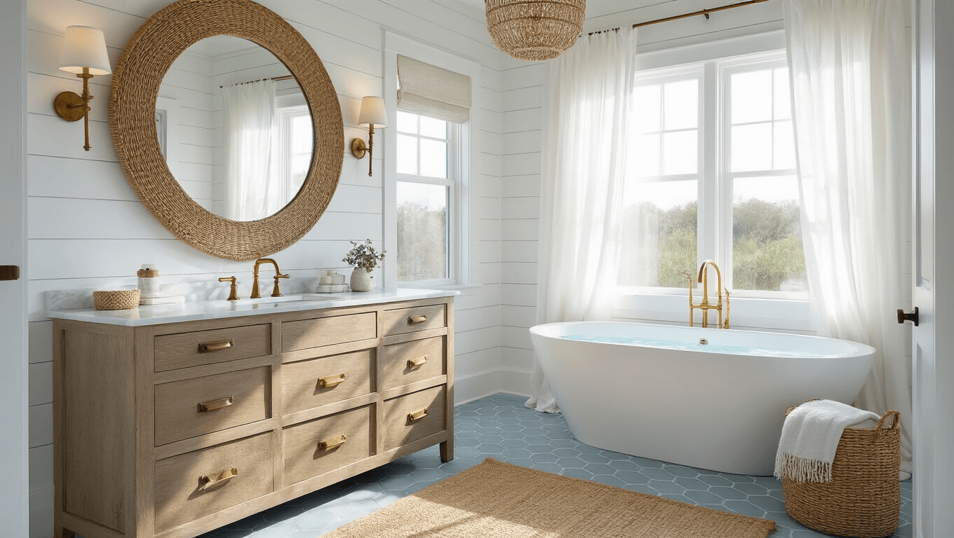 A serene coastal cottage master bathroom featuring a freestanding soaking tub, a double vanity with Carrara marble, and pale blue-grey hexagon tiles, illuminated by golden hour light streaming through sheer curtains.