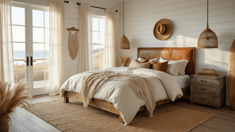 Coastal Cowgirl Bedroom: Create Your Dream Retreat with Western Coastal Charm Photorealistic coastal cowgirl bedroom interior featuring a reclaimed wooden king bed, shiplap walls, layered neutral bedding, and golden hour light through sheer curtains, with vintage decor and natural textures.