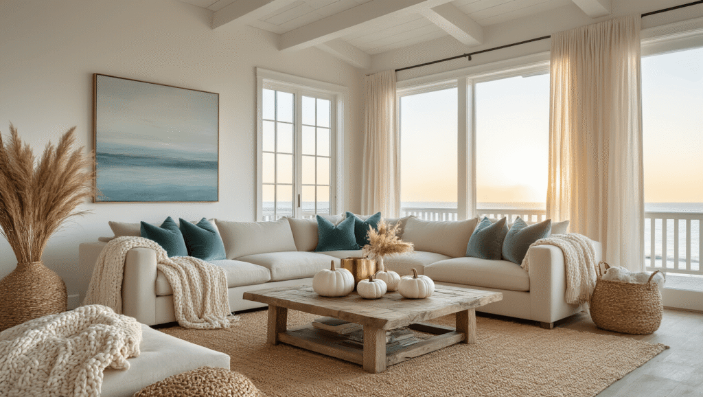 A coastal fall living room bathed in golden hour sunlight, featuring a sandy beige sectional sofa with cream throws and seafoam pillows, a weathered driftwood coffee table adorned with white ceramic pumpkins and pampas grass, vaulted ceiling with white beams, and subtle golden accents throughout.
