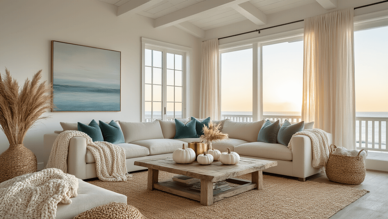 A coastal fall living room bathed in golden hour sunlight, featuring a sandy beige sectional sofa with cream throws and seafoam pillows, a weathered driftwood coffee table adorned with white ceramic pumpkins and pampas grass, vaulted ceiling with white beams, and subtle golden accents throughout.