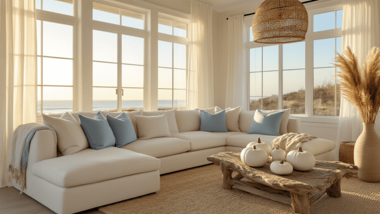 Coastal Fall Decor: Transform Your Space with Beachy Autumn Vibes Bright coastal living room during golden hour featuring a cream linen sectional sofa with blue and beige pillows, a driftwood coffee table with ceramic pumpkins, and pampas grass in a tall vase, all illuminated by soft sunlight and intricate shadow patterns from a rattan pendant light.