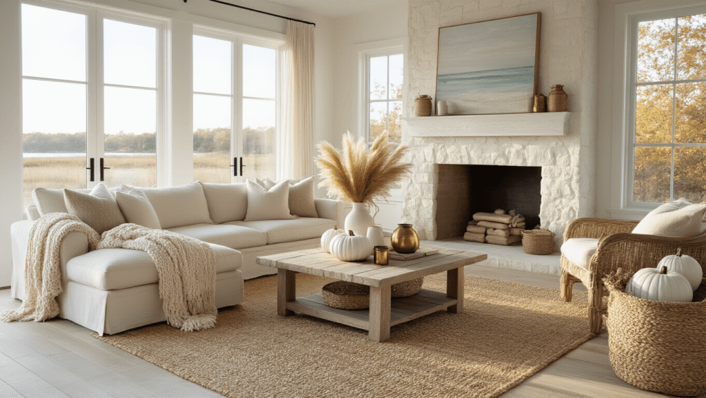 Coastal Farmhouse Fall Decor: Creating a Serene Autumn Sanctuary A sun-drenched coastal farmhouse living room featuring a cream linen sectional, driftwood coffee table with decorative pumpkins, and a limestone fireplace, all illuminated by golden hour light filtering through large windows.