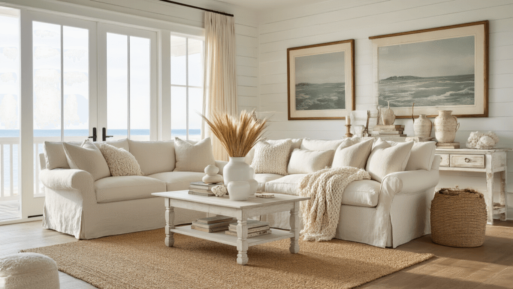 A sun-drenched coastal living room at golden hour, featuring a plush cream sofa, weathered oak floors, white shiplap walls adorned with vintage seascapes, and an asymmetrical vignette of ceramic vases with dried flowers, creating a warm and ethereal atmosphere.
