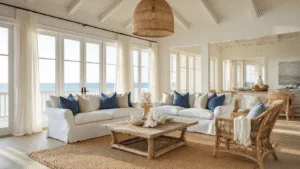 Coastal Living Room Decor: Transform Your Space into a Seaside Sanctuary Cinematic wide-angle view of a sunlit coastal living room with a white slipcovered sofa, large windows with sheer curtains, a rattan armchair, and natural textures, capturing serene coastal elegance at golden hour.