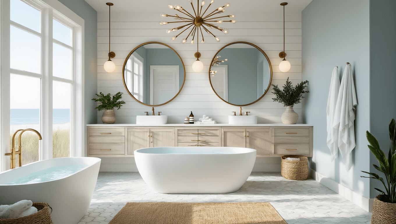 A luxurious coastal modern bathroom featuring a floating double vanity, oversized mirrors, and a freestanding soaking tub, illuminated by soft morning light through frosted windows, with marble hexagon tiles and natural textures.