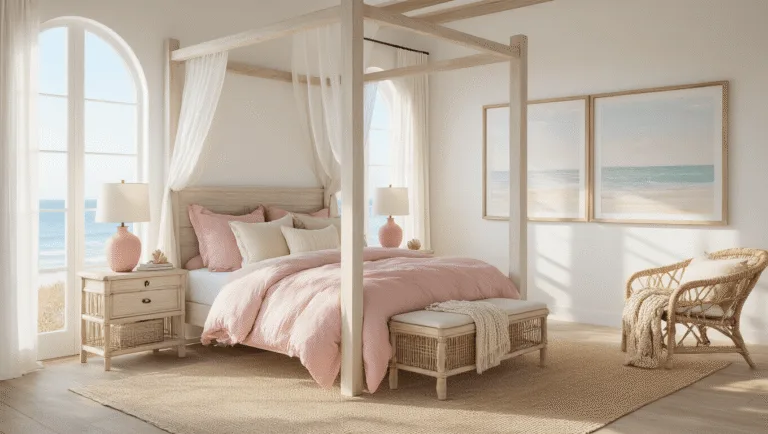 Dreamy Pink Coastal Bedroom: Your Ultimate Styling Guide Photorealistic interior of a dreamy coastal bedroom featuring a whitewashed oak four-poster bed with blush pink linen bedding, natural light flooding through arched windows, rattan accents, soft white walls with pink undertones, and a vintage Persian rug, all styled with coastal decor elements.