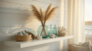 Coastal Shelf Decor: Transform Your Space with Serene Beach-Inspired Styling A serene coastal shelf vignette featuring a white floating shelf with a hand-blown glass vase of dried pampas grass, weathered driftwood, vintage aqua glass bottles, seagrass baskets, coral specimens, and artisanal ceramics, illuminated by golden hour sunlight.
