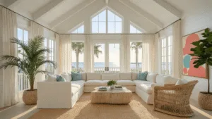 Creating Your Dream Florida Style Living Room: A Sunlit Sanctuary of Coastal Comfort A sunlit Florida-style living room featuring a cathedral ceiling with white beams, floor-to-ceiling windows with sheer curtains, a cream linen slipcovered sectional, rattan armchairs, a driftwood coffee table on a sisal rug, potted palm and fiddle leaf fig plants, and coastal artwork, all bathed in warm golden hour light.