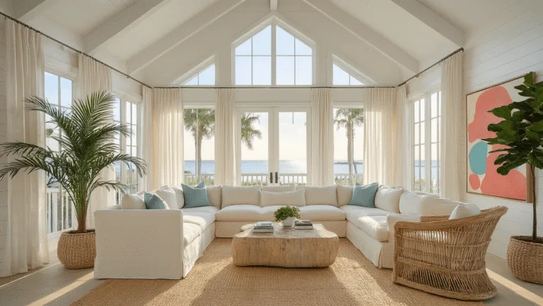 Creating Your Dream Florida Style Living Room: A Sunlit Sanctuary of Coastal Comfort A sunlit Florida-style living room featuring a cathedral ceiling with white beams, floor-to-ceiling windows with sheer curtains, a cream linen slipcovered sectional, rattan armchairs, a driftwood coffee table on a sisal rug, potted palm and fiddle leaf fig plants, and coastal artwork, all bathed in warm golden hour light.
