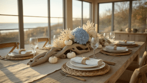 Coastal Thanksgiving Decor: Bringing Beach Vibes to Your Harvest Celebration Coastal Thanksgiving dining room setup featuring a weathered oak table with a driftwood centerpiece adorned with mini pumpkins, coral, and hydrangeas, under golden hour lighting, surrounded by rattan chargers and crystal stemware.