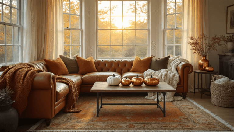 Cozy Fall Decor: Transform Your Home with Autumn's Warmth and Charm Cinematic interior shot of a sunlit living room during golden hour, featuring a cognac leather sofa with chunky knit throws, weathered wood coffee table with decorative pumpkins, and a Persian rug in autumn hues, enhanced by soft natural lighting and warm ambient glow from a vintage floor lamp.