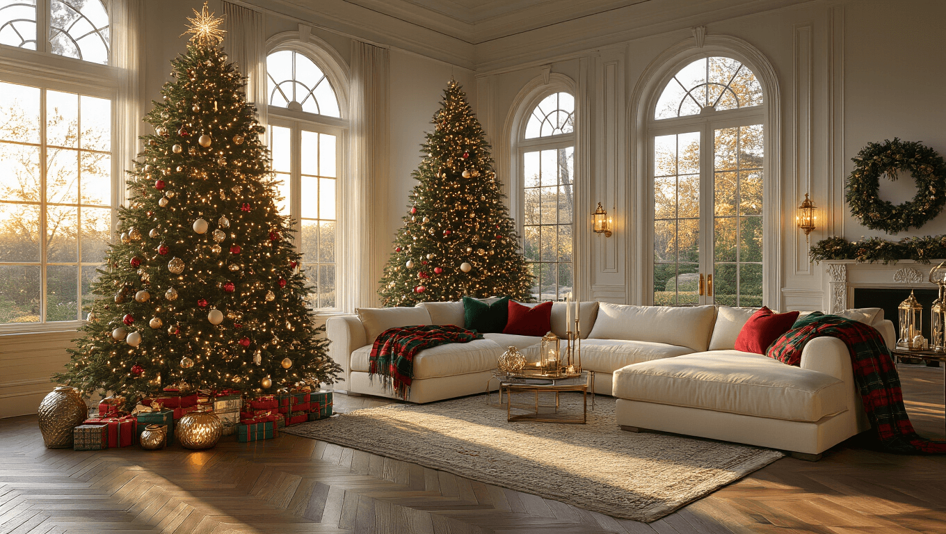 A grand living room during golden hour featuring a 9-foot Noble Fir Christmas tree adorned with vintage glass ornaments and warm lights, sunlight streaming through floor-to-ceiling windows, and a plush cream sectional sofa with red and emerald plaid throws, creating a cozy holiday atmosphere.