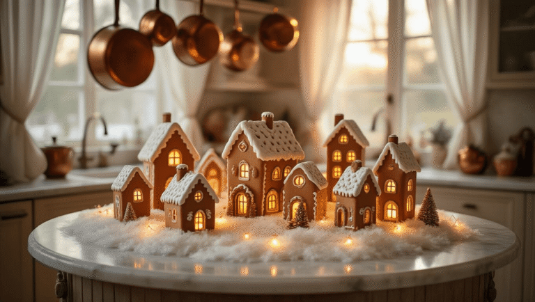 Sweet Sophistication: Creating a Magical Gingerbread Christmas Wonderland at Home A vintage marble kitchen island adorned with a gingerbread village display, illuminated by warm copper string lights and surrounded by fluffy white faux snow, creating a cozy holiday vignette at golden hour.