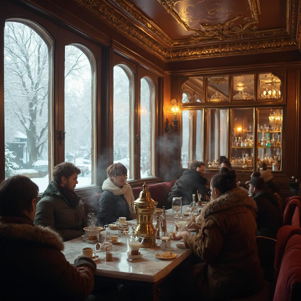 Chasing Winter Magic: The Definitive Guide to St. Petersburg in December Interior of a traditional Russian café in winter with frosted windows, rich wooden furniture, vintage brass samovars, steaming cups of tea, locals in winter attire, amber lighting, ornate ceiling details, and velvet seating