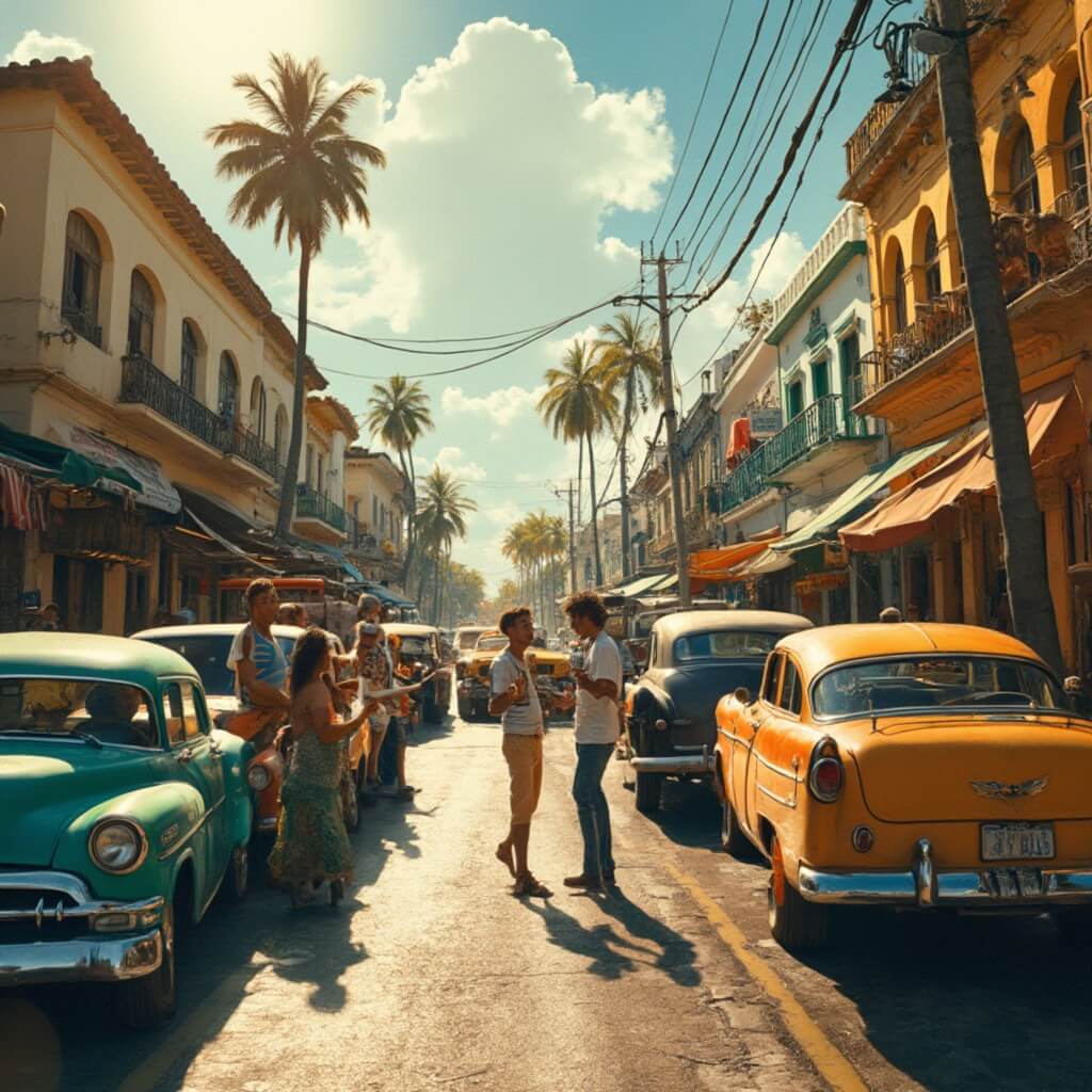 Cuban street scene in Hialeah, Florida featuring colorful vintage cars, street musicians playing salsa, lively market, palm trees and golden afternoon light