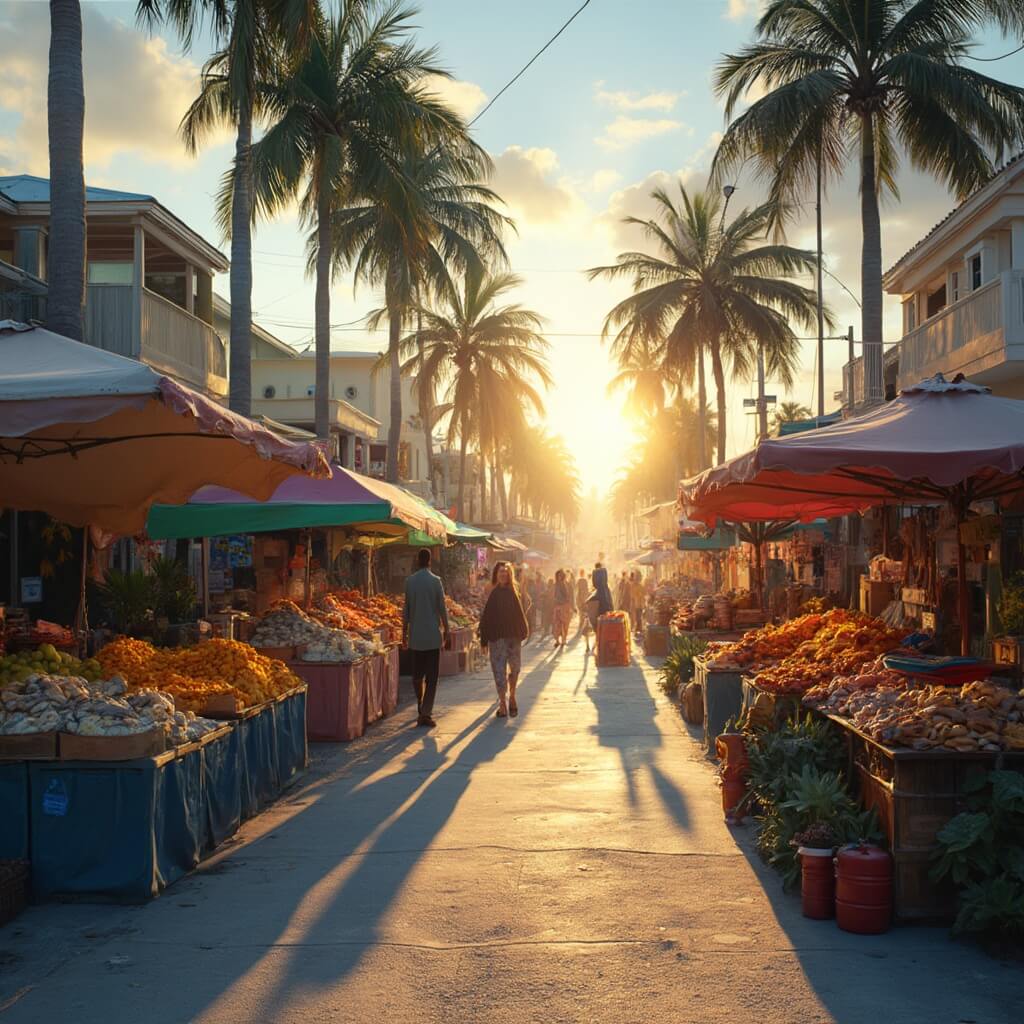Sweating or Swimming? The Unfiltered Truth About Cape Coral in September Early morning farmers market scene in Cape Coral, vendors setting up colorful produce stands, fresh seafood displays, and handmade crafts under canvas awnings, with morning light creating long shadows through palm trees.