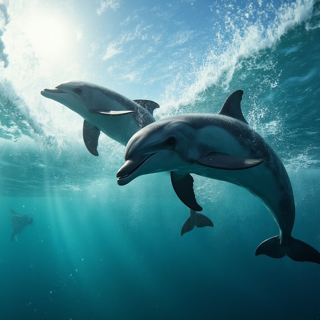 🌞 Your Ultimate Clearwater Beach May Adventure: White Sands, Emerald Waters, and Zero Crowds! Dolphins mid-jump in crystal clear turquoise waters near a boat, displaying their muscular structure with early morning sunlight filtering through the waves