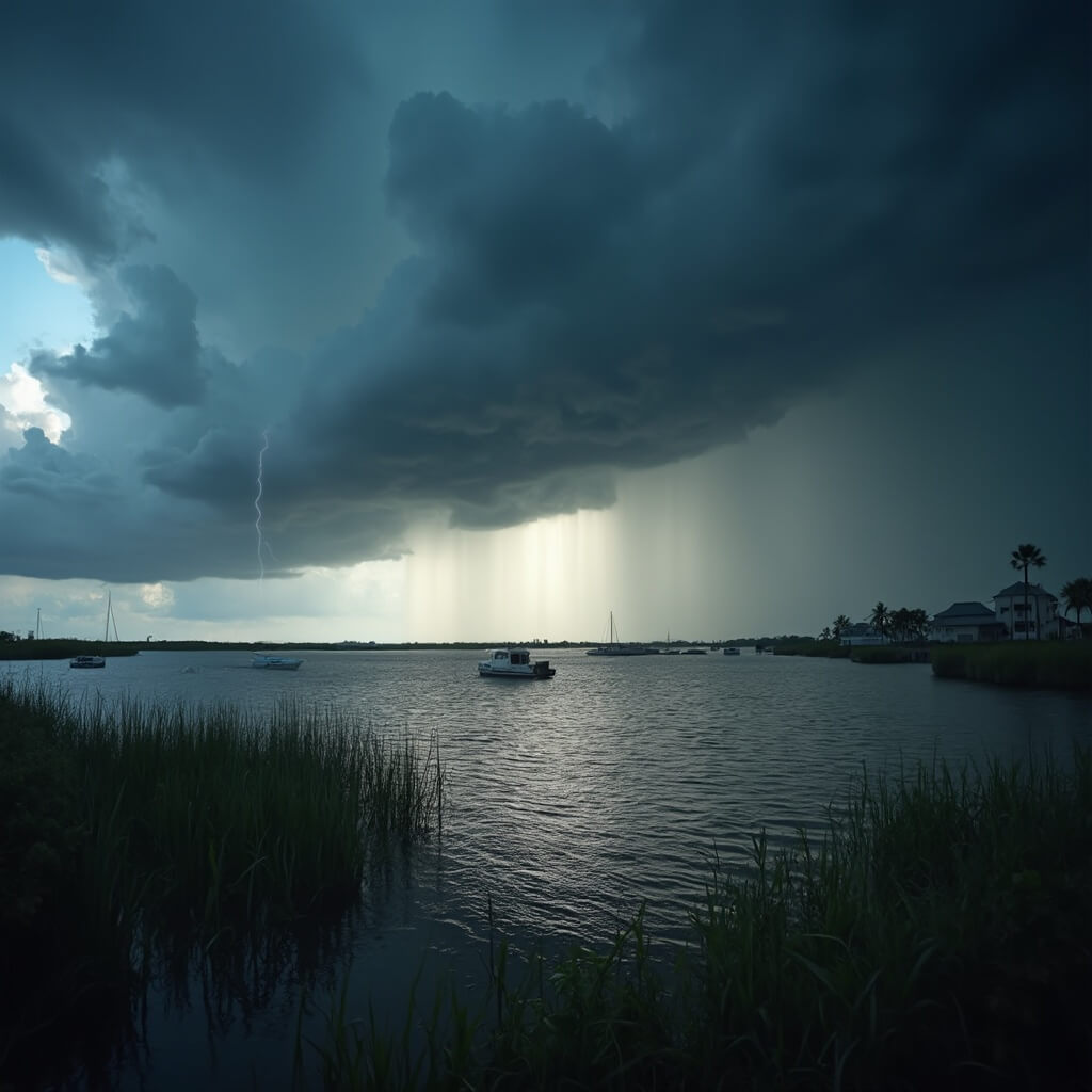 Cape Coral's August: Your Ultimate Survival & Enjoyment Guide! Dramatic thunderstorm with dark clouds, sudden rain, and sunlight breaking through over Cape Coral waterfront, lightning in distance, and tropical vegetation silhouetted against stormy sky