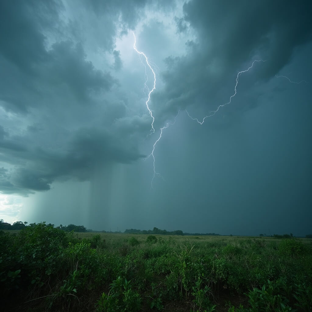 Sweating or Swimming? The Unfiltered Truth About Cape Coral in September Tropical thunderstorm with intense rain and lightning over Cape Coral, Florida in September, featuring lush green vegetation and steamy landscape