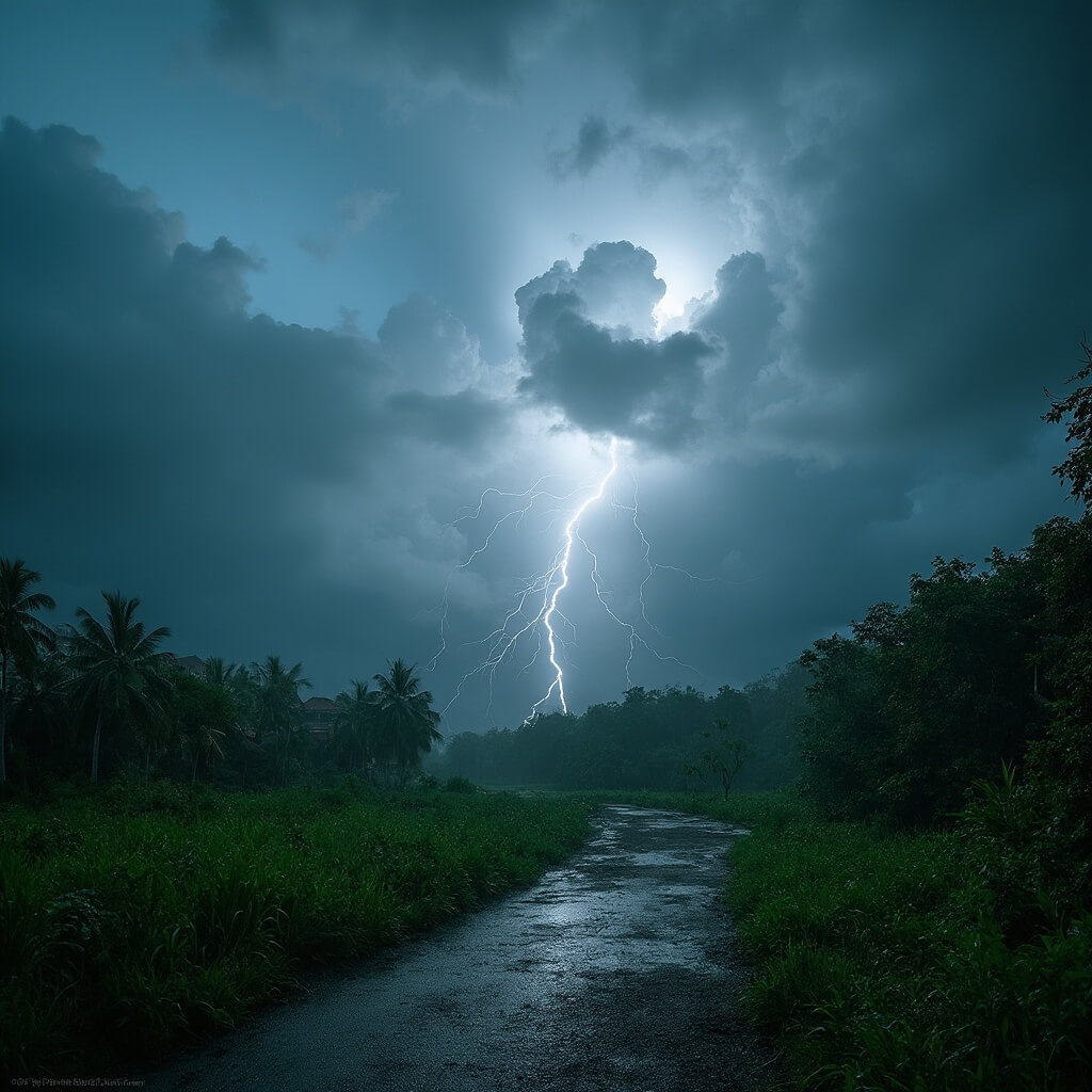 Why Hialeah in August is Your Secret Tropical Paradise (Weather Warnings Included!) Dramatic thunderstorm with intense lightning over Amelia Earhart Park, featuring dark rain clouds, wet tropical vegetation, and glistening landscape with water droplets and mist.
