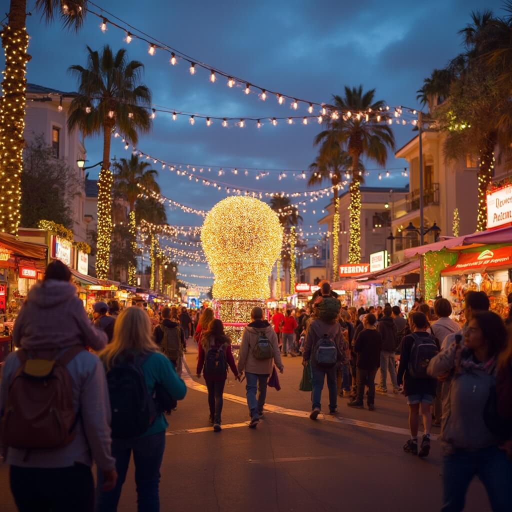 Escape Winter's Grip: Why Fort Myers Beach in February Will Blow Your Mind Crowds enjoying the Edison Festival of Lights in Fort Myers, with colorful stalls, a light bulb parade float, and historic buildings illuminated by festival lights.
