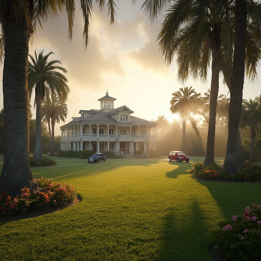 Cape Coral: Your Ultimate October Escape in Southwest Florida Sunrise over the grand Victorian-era mansion at Edison and Ford Winter Estates featuring lush gardens, vintage cars and towering trees