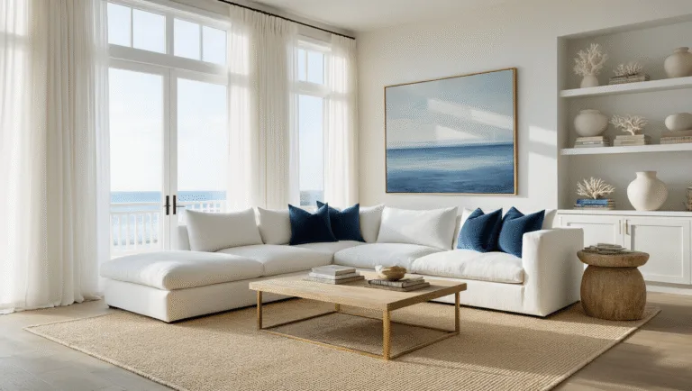 Elegant Coastal Decor: Your Ultimate Guide to Serene, Sophisticated Spaces A sophisticated coastal living room bathed in golden hour light, featuring a cloud-white linen sectional, bleached oak coffee table, layered natural fiber rugs, and rattan armchairs, all accented by a large contemporary seascape artwork and curated white ceramic decor.