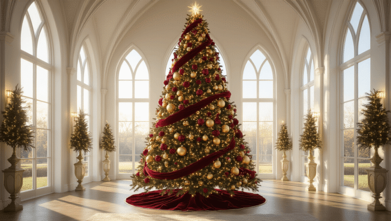 Crafting a Timeless Red and Gold Christmas Tree: Your Ultimate Styling Guide Photorealistic image of a majestic 9-foot Noble fir Christmas tree in a luxurious living room with cathedral ceilings, adorned with gold and red decorations, illuminated by warm sunlight, capturing intricate details and an ethereal atmosphere.